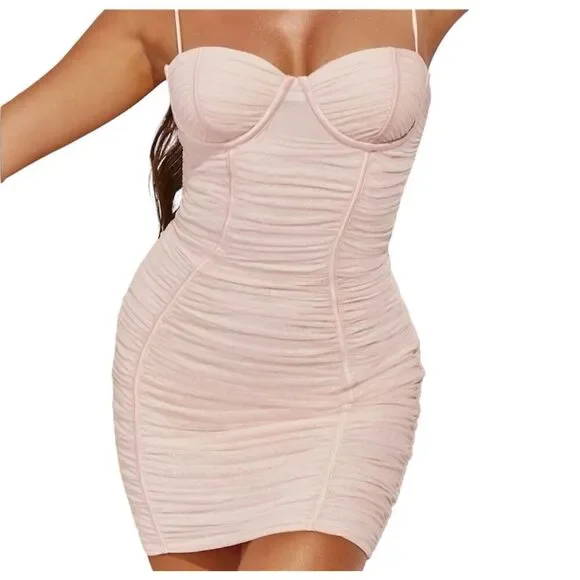 Oh Polly Women's Lace Pink Ruched Mesh Bodycon Dress Size 6 - Picture 2 of 9